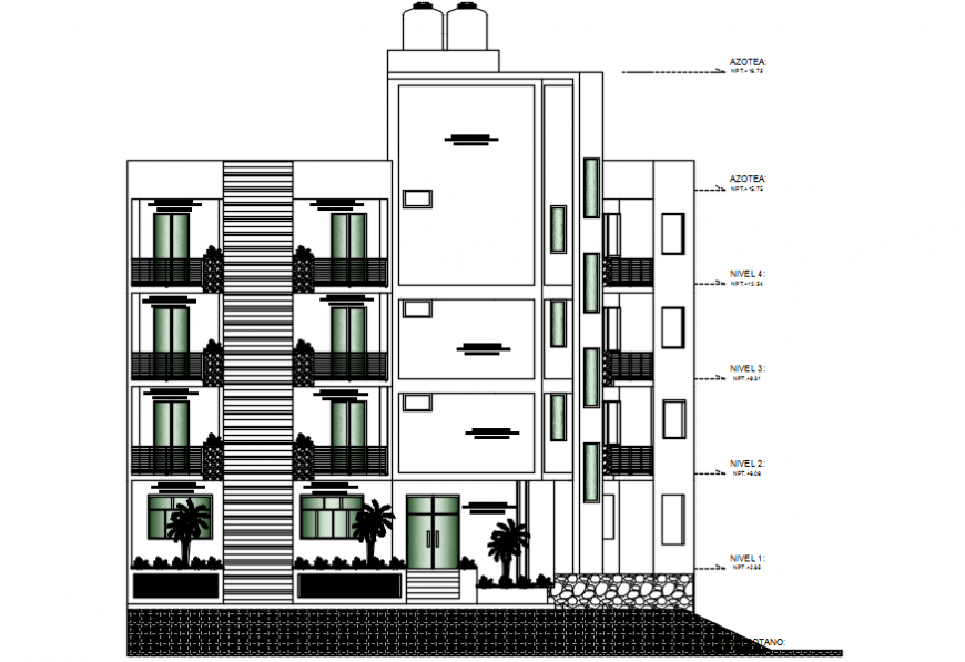Back side elevation drawing details of multi-familiar building dwg file