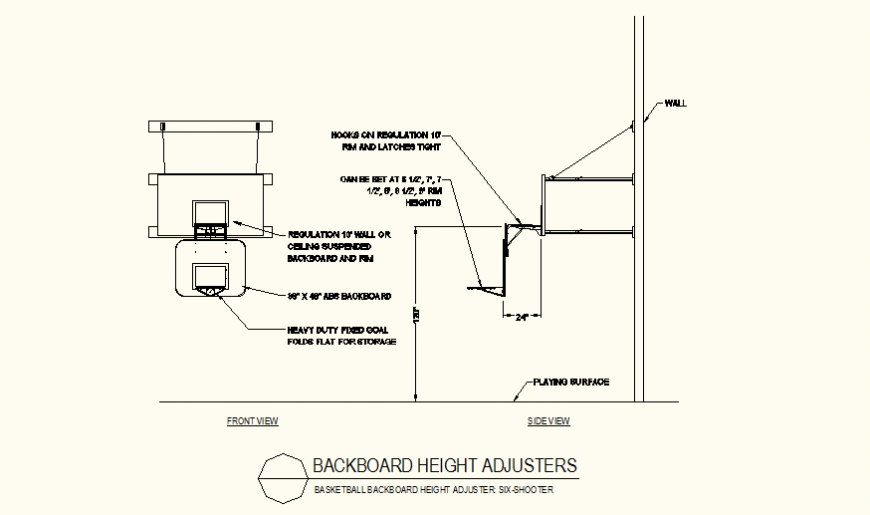 Backboard height adjuster detail plan and elevation autocad file
