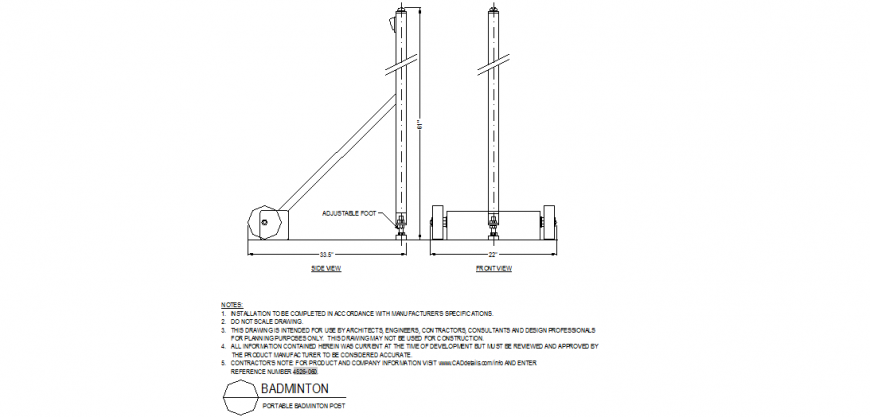 Badminton portable support post detail plan dwg file
