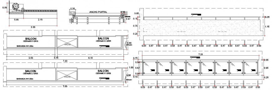 Balcony railing section and balcony door installation details dwg file