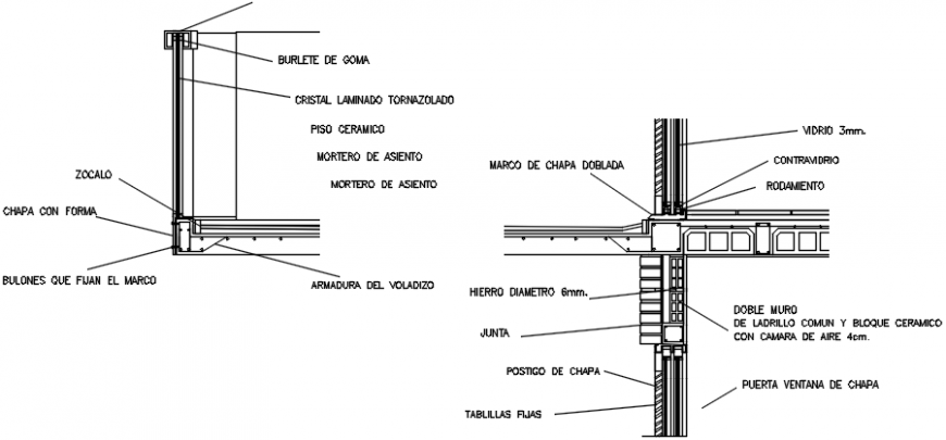 Balcony wall joints constructive structure details dwg file