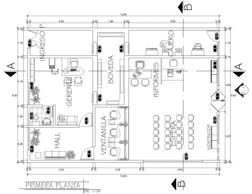 Bank agency first floor plan with furniture cad drawing details dwg file