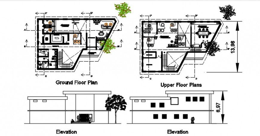 Bank front and back elevation and two floor plan distribution plan drawing details dwg file