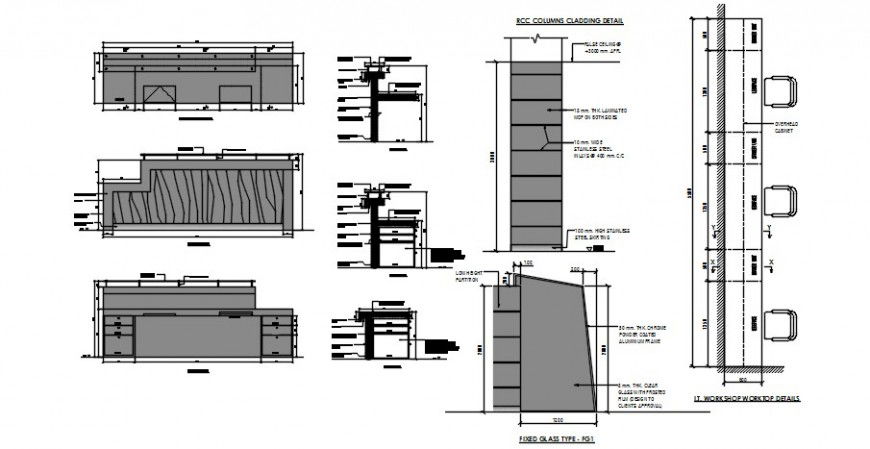 Bank furniture sections, carpentry and structure details dwg file