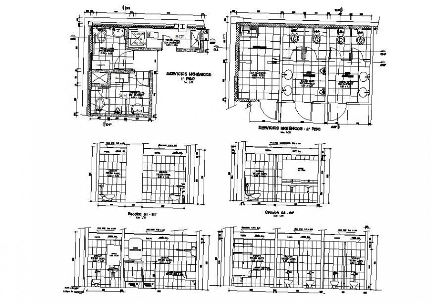 Bank toilet sections, plan and sanitary installation cad drawing details dwg file