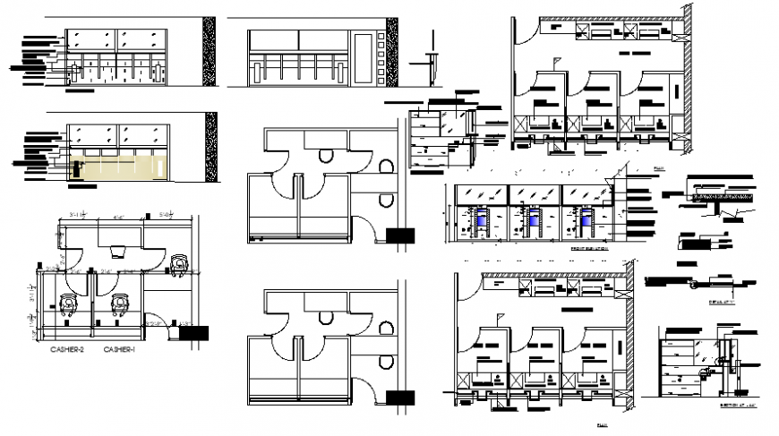 Banking room details drawings 2d view plan and elevation autocad file