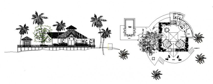 Bar area in tourist resort elevation and distribution plan cad drawing details dwg file