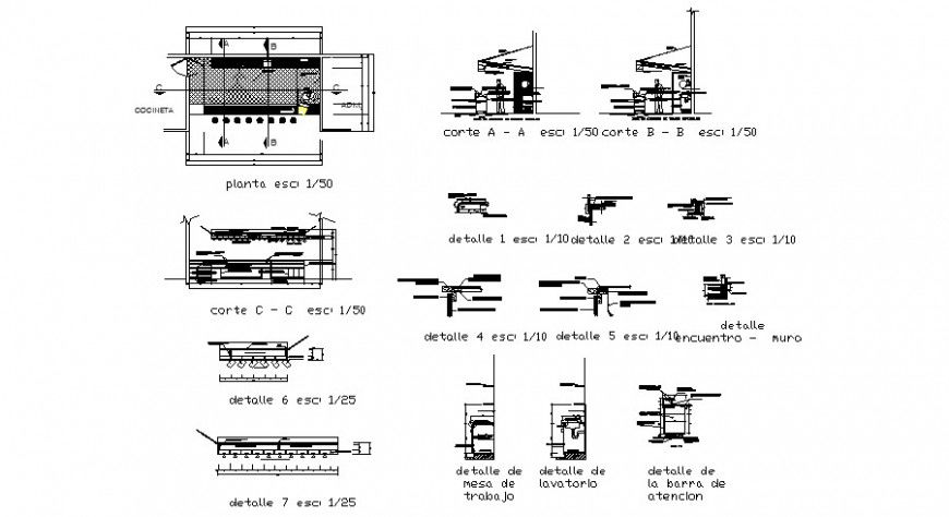 Bar at restaurant-section, plan and constructive details dwg file
