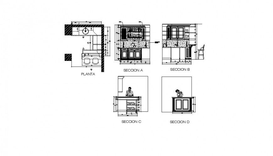 Bar counter, reception desk and furniture section and auto-cad drawing details dwg file