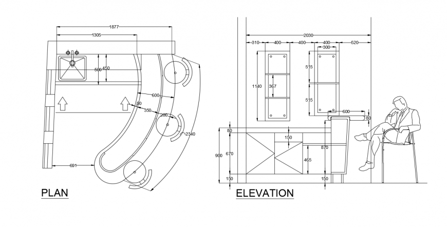 Bar counter elevation and plan drawing details dwg file