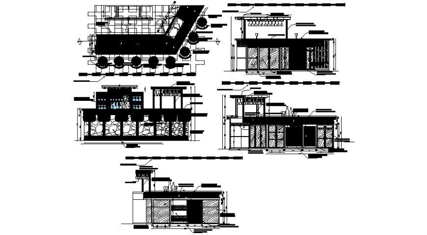 Bar restaurant 2d view elevation of furniture dwg file
