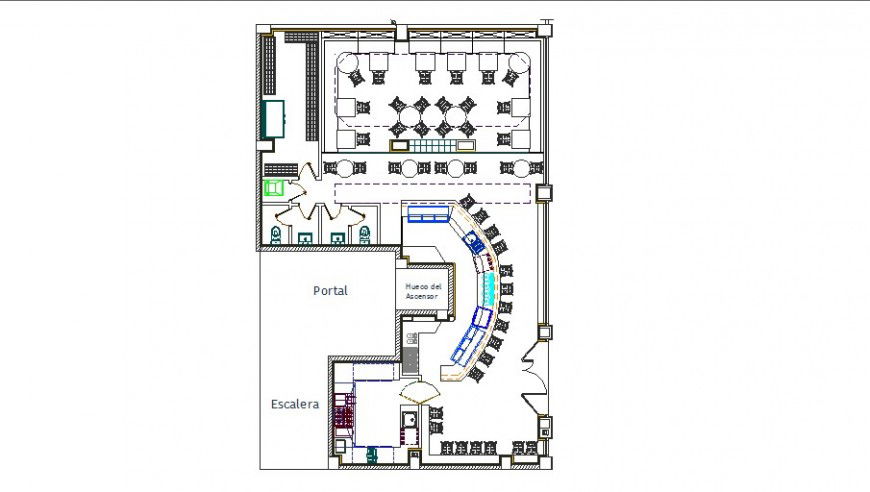 Bar restaurant top view layout plan cad drawing details dwg file