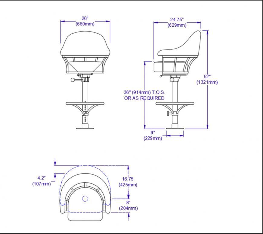 Bar seat cad block design details with dimensions dwg file