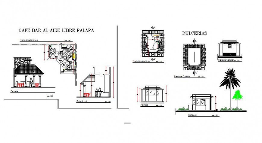 Bar with restaurant elevation, section, plan and auto-cad drawing details dwg file