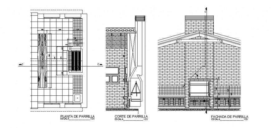 Barbecue grill elevation, section, plan and auto-cad drawing details dwg file