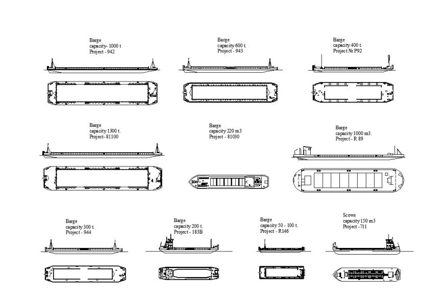 Barge different design plan with elevation dwg file