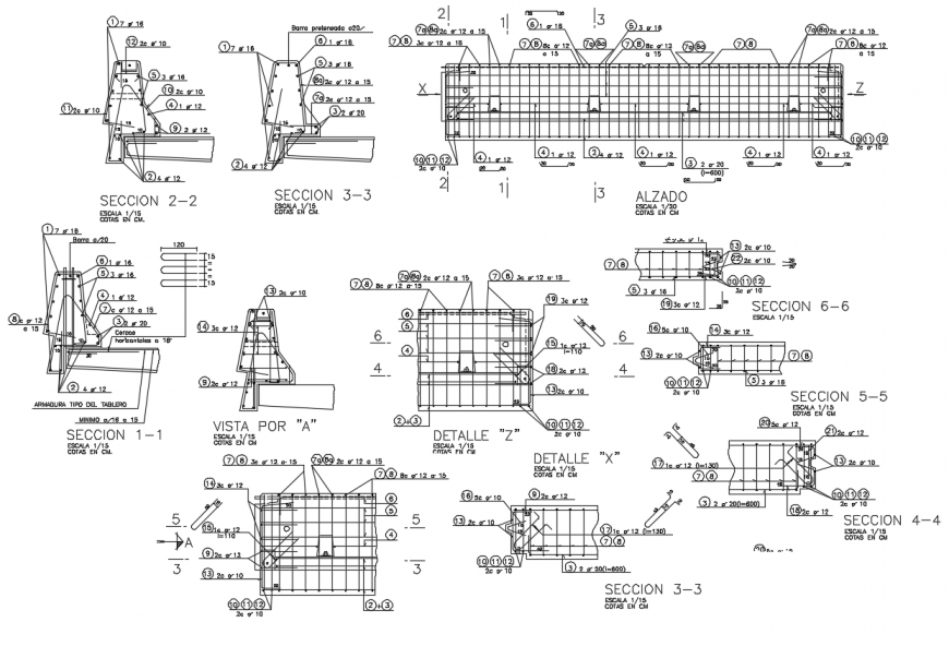 Barriers details with section view of metal structure design dwg file