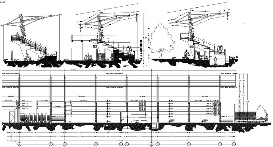 Base ball stadium constructive section and cut sections drawing details dwg file