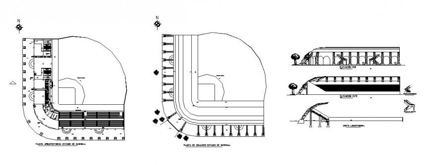 Base ball stadium elevation, section and plan cad drawing details dwg file