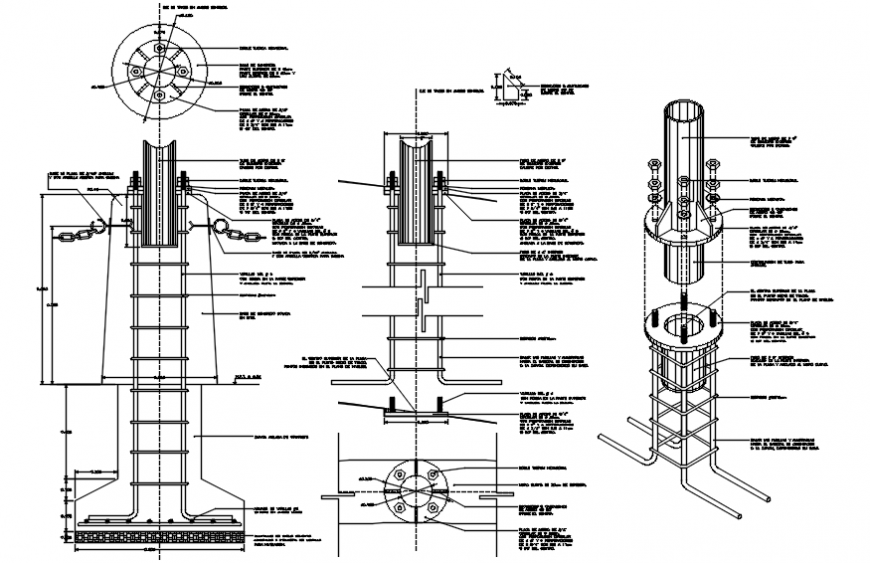 Base for collapsible column constructive section drawing details dwg file