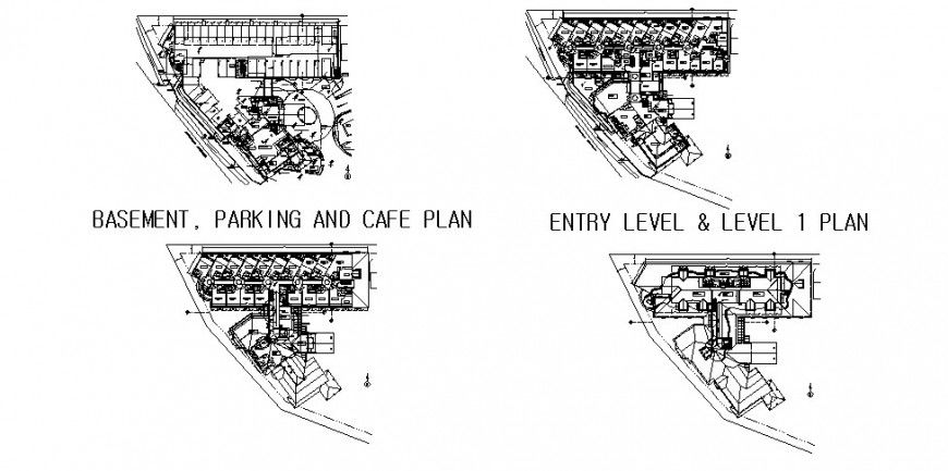 Basement, first, second and third floor plan details of cottage hotel cad drawing details dwg file