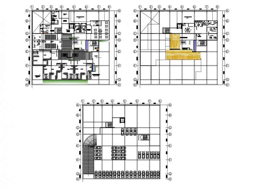 Basement, first and second floor distribution plan details of office building dwg file