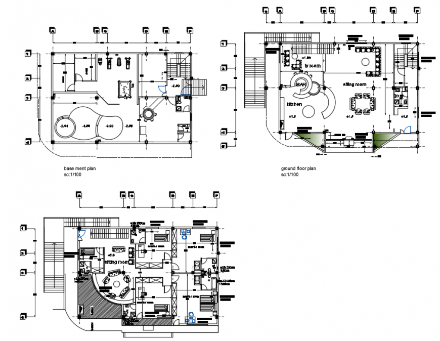 Basement, ground and first floor layout plan details of villa house dwg file
