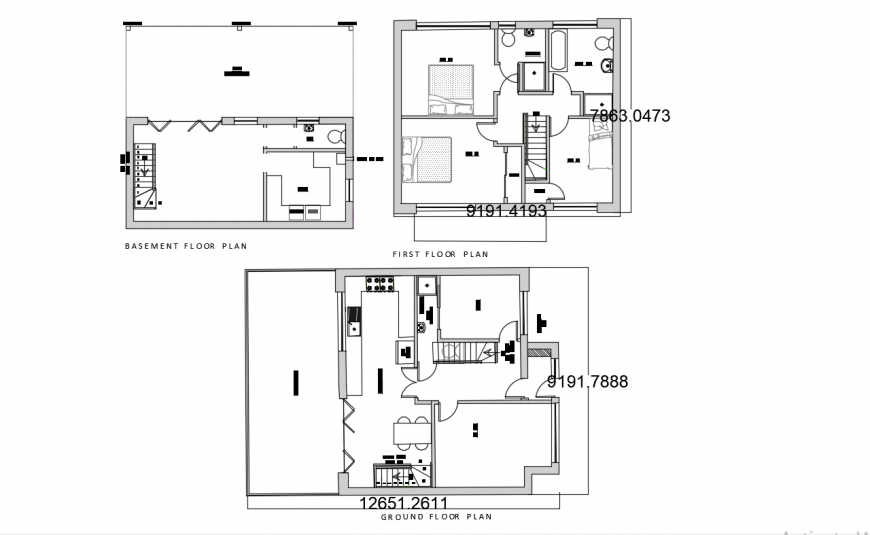 Basement, ground and first floor plan details of house dwg file