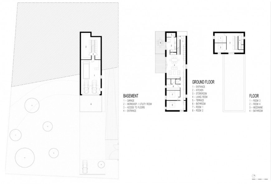 Basement, ground and first floor plan details of residential house dwg file