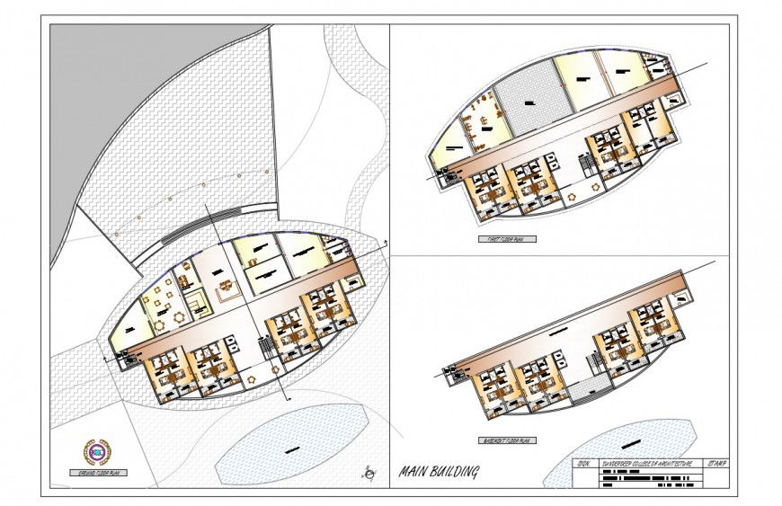 Basement, ground and first floor plan details of resort building dwg file