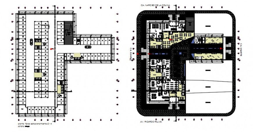 Basement and first floor distribution plan of high rise corporate building dwg file