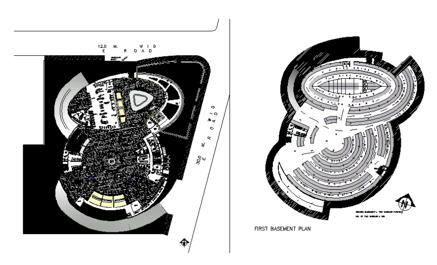 Basement and first floor plan details of shopping mall building dwg file