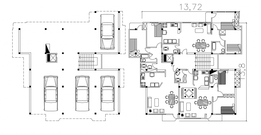 Basement and ground floor distribution plan for apartment building dwg file