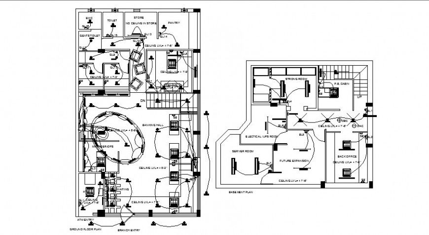 Basement and ground floor plan with electrical layout plan of bank office building dwg file