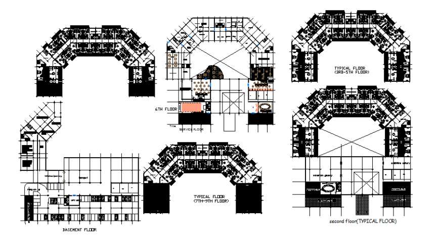 Basement and sixth floor commercial office plan detail dwg file