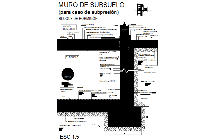 Basement concrete wall constructive structure details dwg file