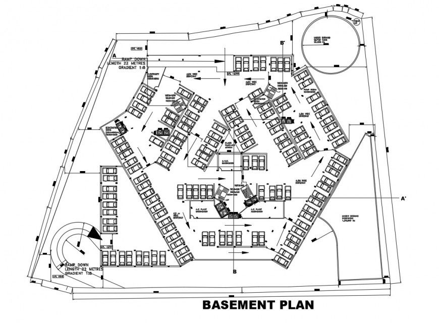 Basement floor distribution layout plan drawing details of apartment building dwg file