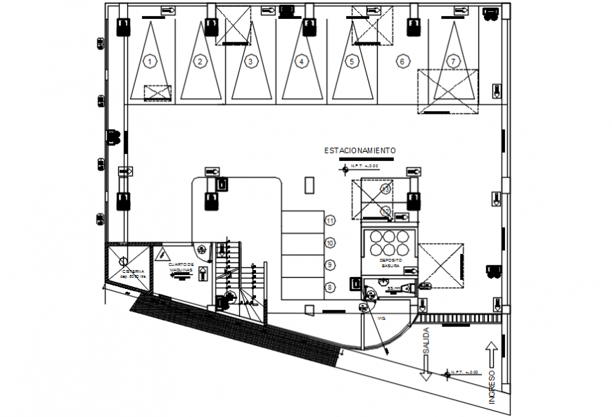 Basement parking floor plan details of apartment building dwg file