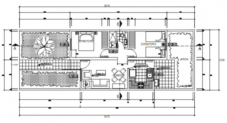 Basic housing module plan with material detail in auto cad