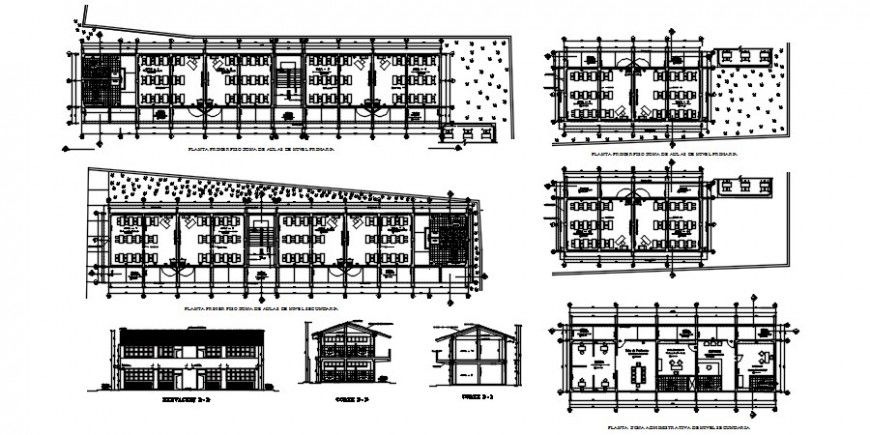 Basic school building all sided elevations and sections drawing details dwg file