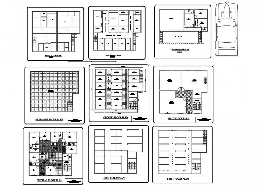 Basir hotel typical floor, basement, ground, first and second floor plan details dwg file