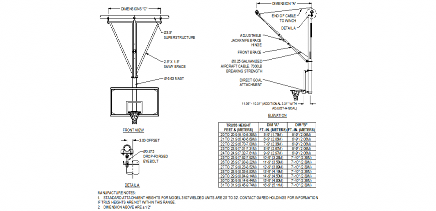 Basket-ball court detail plan and elevation dwg file