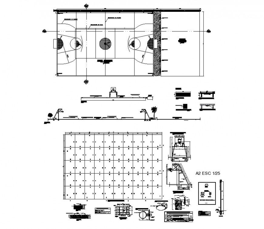 Basket-ball ground plan, elevation and sectional detail 2d view layout autocad file