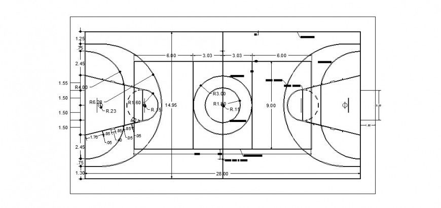 Basket ball field detail plan in dwg AutoCAd file.