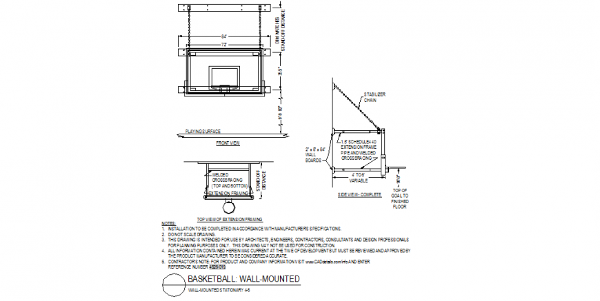 Basket Ball mounted detail plan and elevation dwg file
