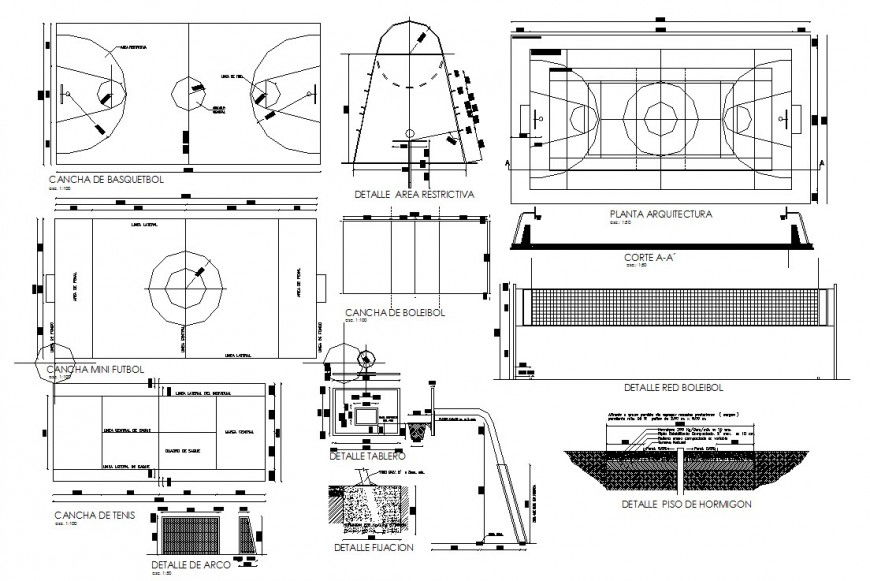 Basket ball playground plan and detail in sport Centre of auto cad file