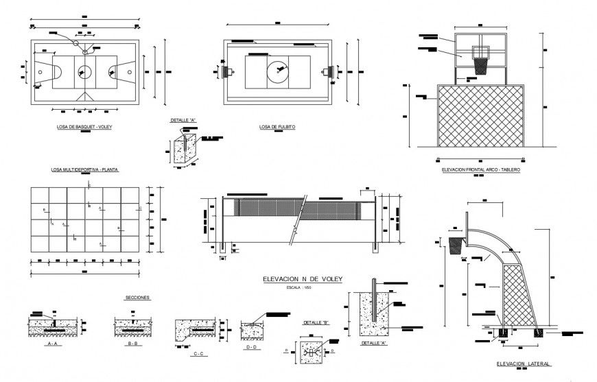 Basket ball playing area with its board and detail in auto cad