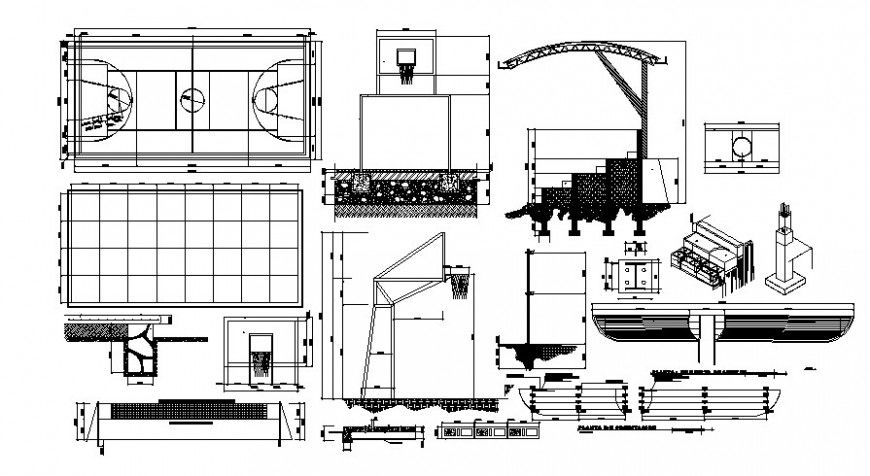 Basketball ground detail plan and sectional blocks in autocad