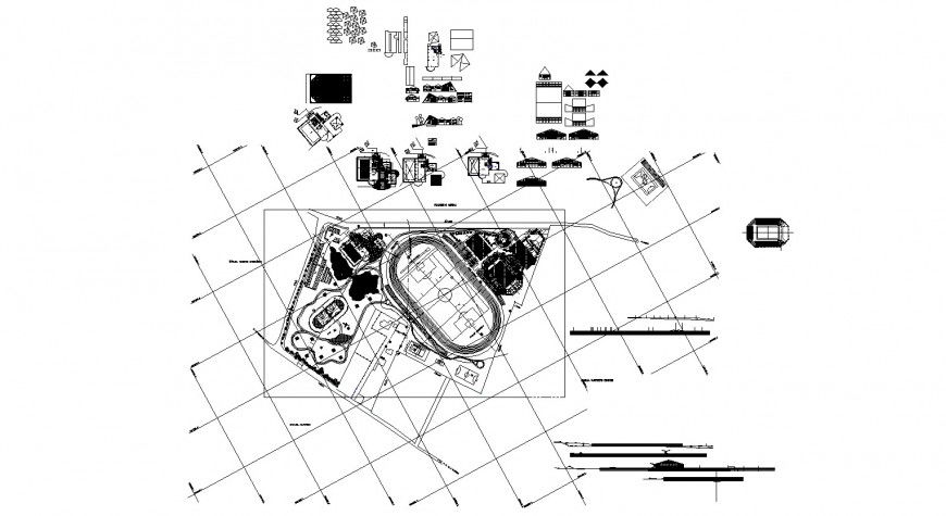 Basketball play ground with landscape in dwg AutoCAD file.
