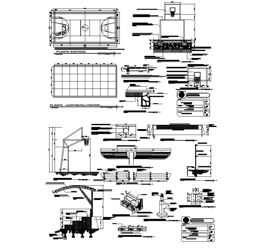 Basketball structure construction detail 2d view layout autocad file